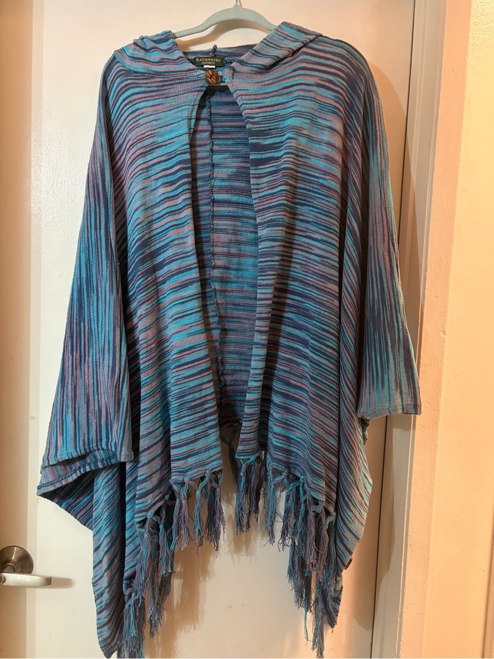 Kathmandu imports hooded poncho 100% cotton oversized space dyed fringe hem